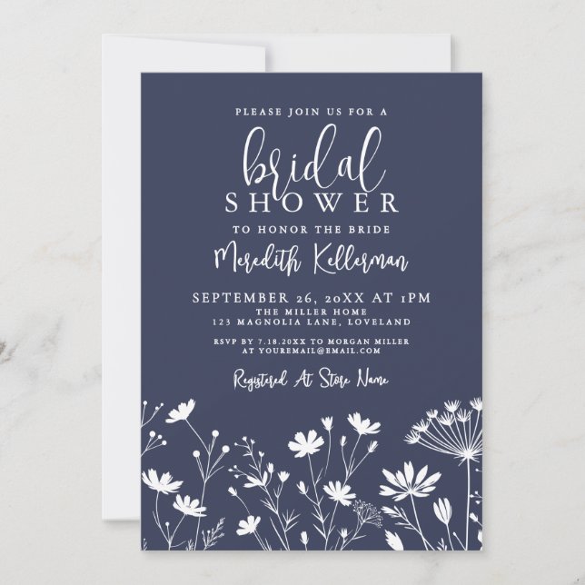 Wildflower Navy Blue Bridal Shower Inbjudningar (Framsida)