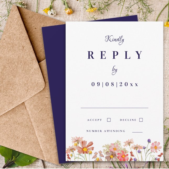 Wildflower Navy Bränt Orange Höst Bröllop Svar (Elegant Wildflower navy blue terracotta burnt orange fall wedding invitation reply enclosure card)