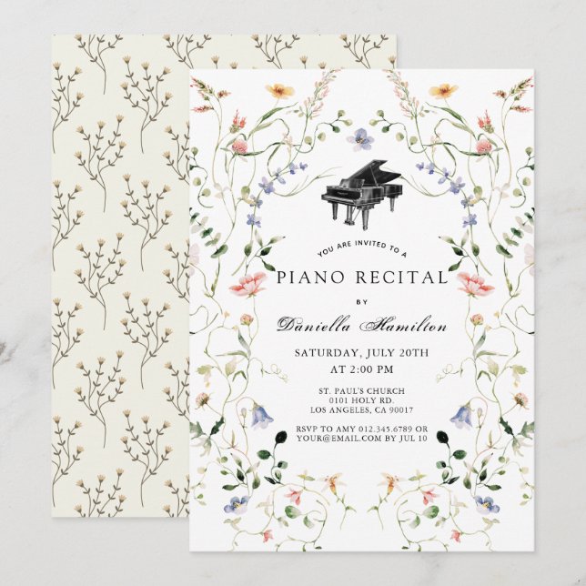 Wildflower Piano White Recital Invitation Inbjudningar (Fram/baksida)