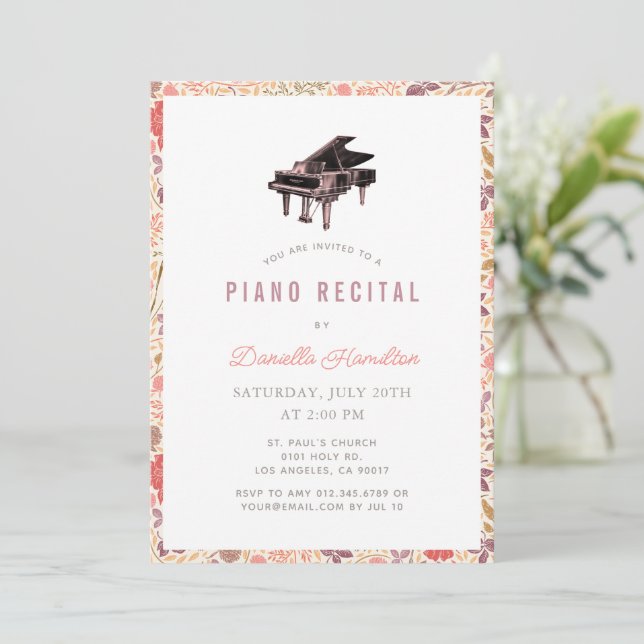 Wildflower Piano White Recital Invitation Inbjudningar (Stående Fram)