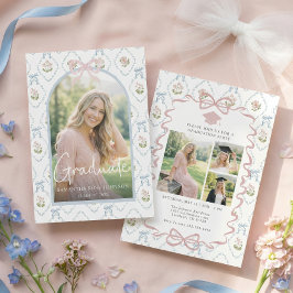 Wildflower Pink Bow Four Photo Graduation Inbjudningar