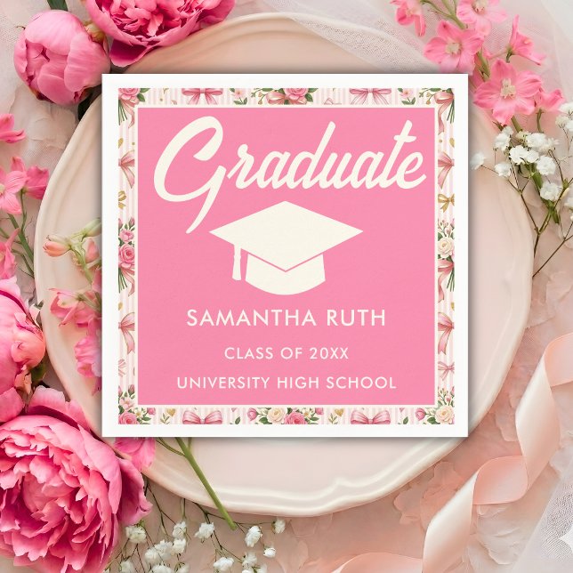 Wildflower Pink Striped Bows & Ribbons Graduation Pappersservett (Skapare uppladdad)