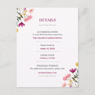 Wildflower Romance Bröllopsdetaljkort | Rosa Flo Tilläggskort