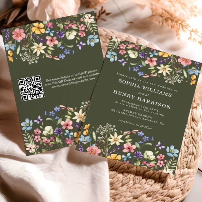 Wildflower Rustik Landlig Grön Bröllops QR-kod  Inbjudningar (Skapare uppladdad)