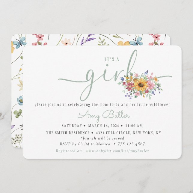 Wildflower Solid Green Shower Book Invitation Inbjudningar (Fram/baksida)