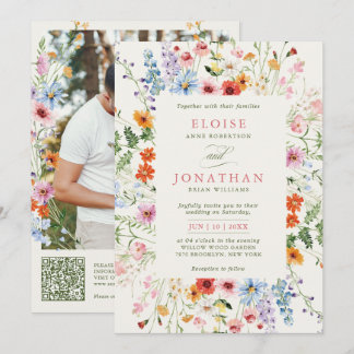 Wildflower Spring Meadow Garden Photo QR Wedding Inbjudningar