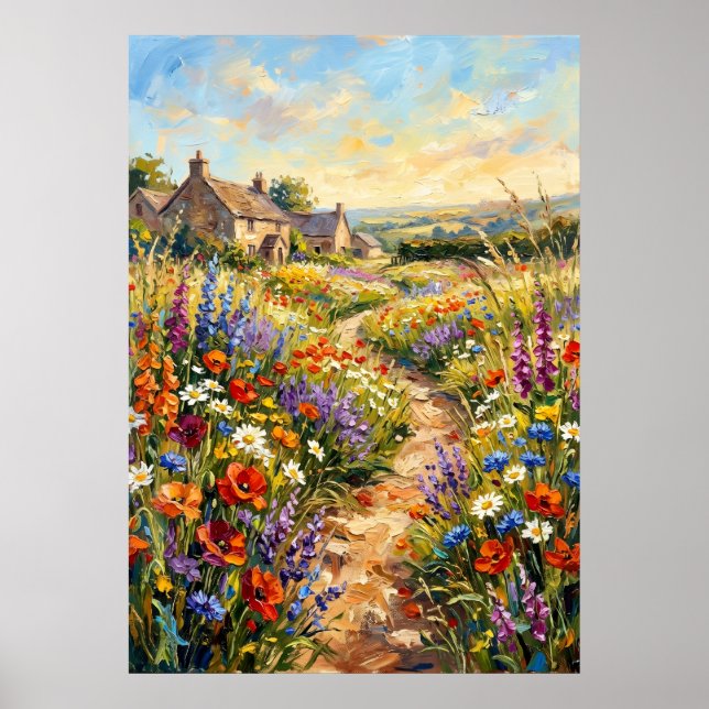Wildflower Stuga Landskapsaffisch | Impressionis Poster (Framsidan)