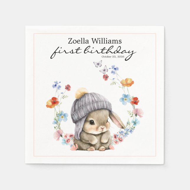 Wildflower Sweet Bunny 1st Birthday Party Napkin Pappersservett (Framsidan)