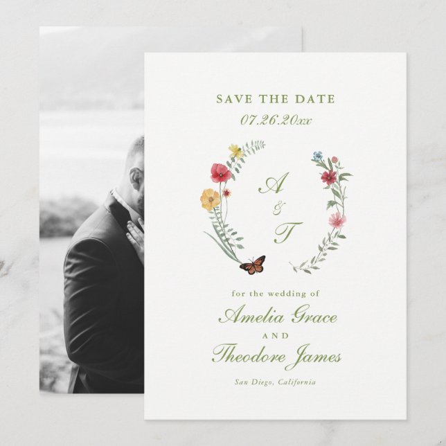 Wildflower Wedding Save the Date Card Inbjudningar (Fram/baksida)
