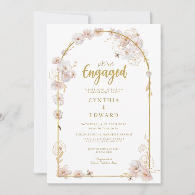 Wildflower White and Gold Engagement Party  Inbjudningar (Framsida)