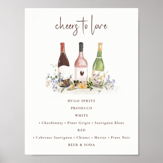 Wildflower Wine Bottles Drinks Sign Bridal Shower Poster (Framsidan)