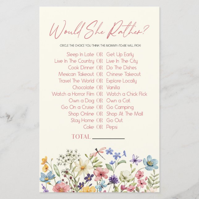 Wildflower Would She Rather Baby Shower Game (Framsida)