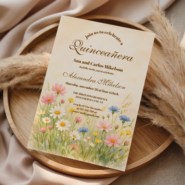 Wildfloweräng Guld Quinceañera Inbjudningar (Skapare uppladdad)