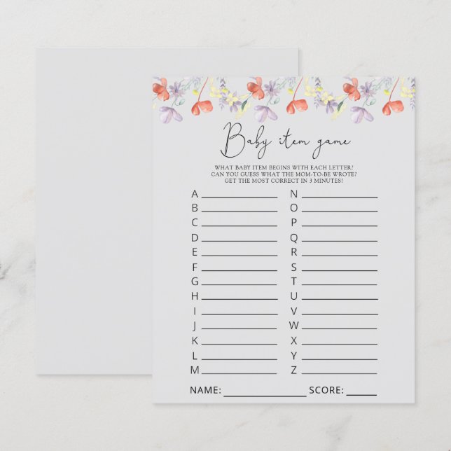Wildflowers Baby Item Game. Baby Shower-spel (Fram/baksida)