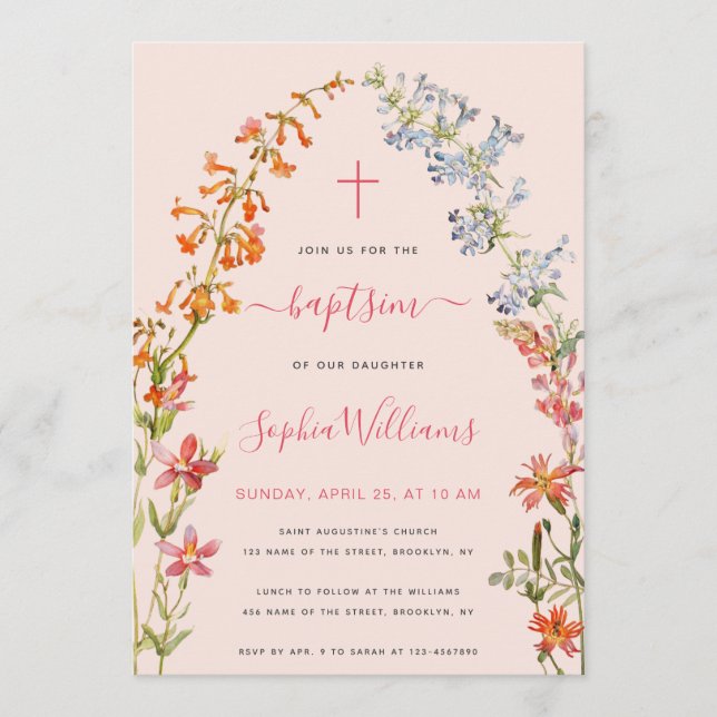 Wildflowers Baptism Pink Floral Watercolor Girl  Inbjudningar (Framsida)