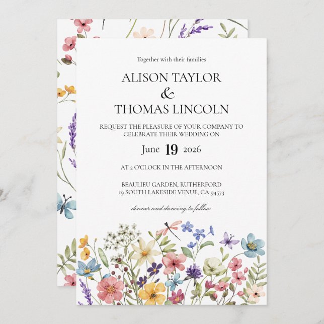 Wildflowers butterfly and dragonfly Wedding  Inbjudningar (Fram/baksida)