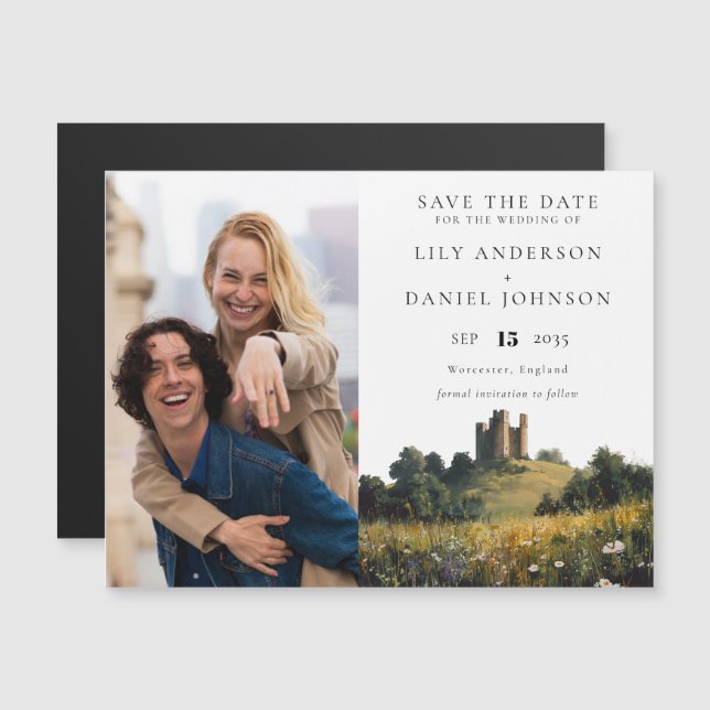 Wildflowers Castle Photo Wedding Save The Date Magnetisk Inbjudningskort (Fram/baksida)