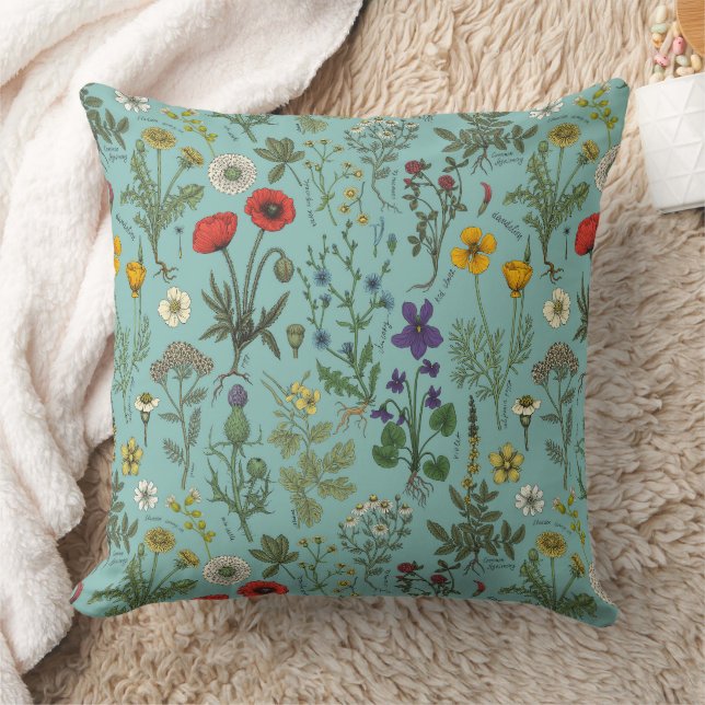 Wildflowers collage on blue kudde (Filt)