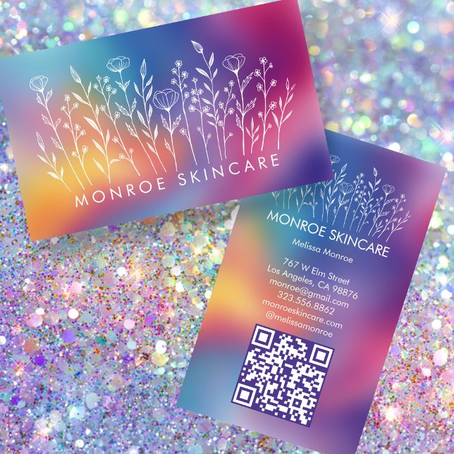 Wildflowers Elegant LineArt Custom QR Code Rainbow Visitkort (Wildflowers Elegant LineArt Custom QR Code Rainbow Business Card
)