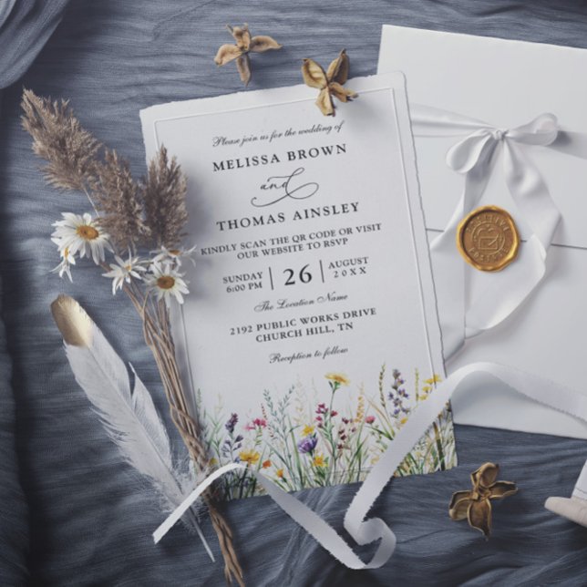 Wildflowers Elegant Modern Budget QR Code Wedding Inbjudningar (Skapare uppladdad)