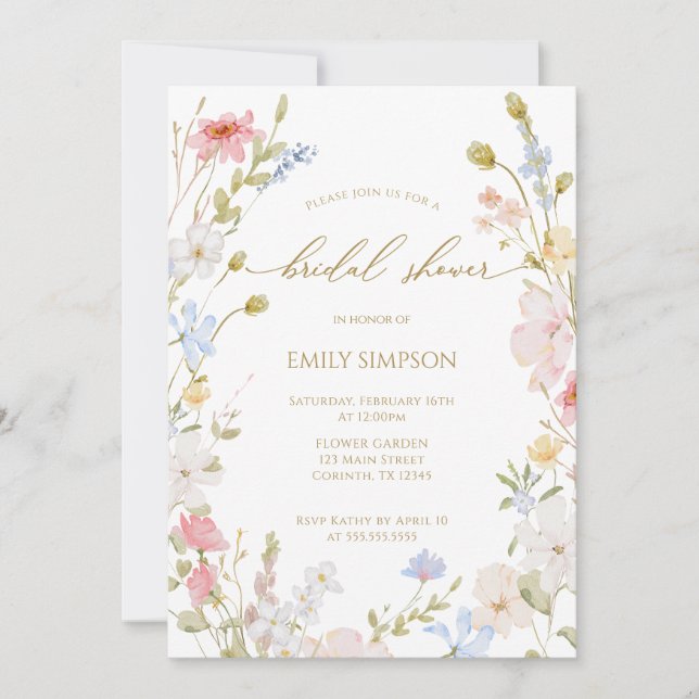 Wildflowers elegant modern Spring Bridal Shower  Inbjudningar (Framsida)