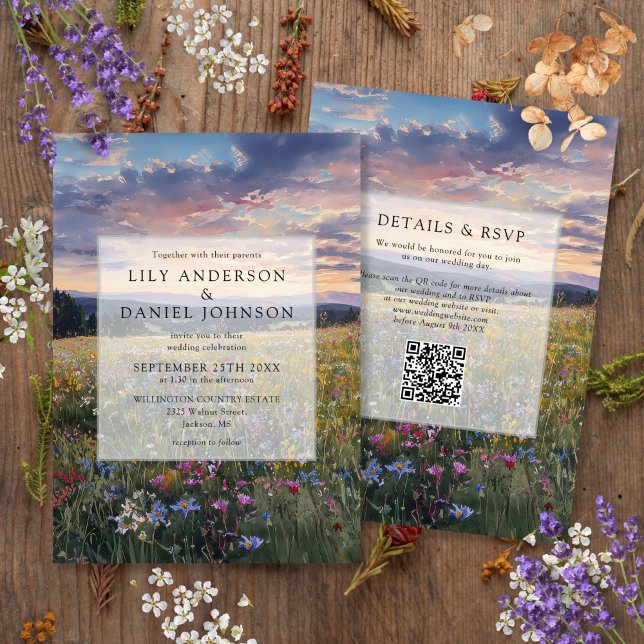Wildflowers Floral Meadow QR Code Wedding Inbjudningar (Skapare uppladdad)