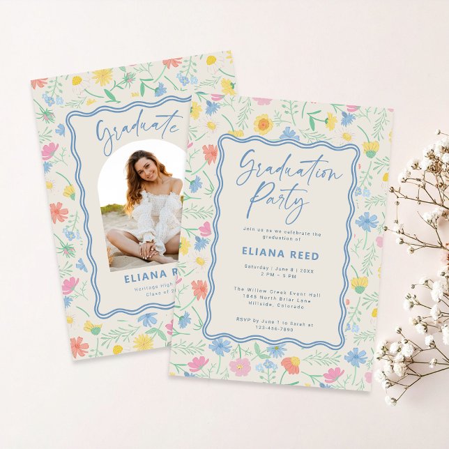 Wildflowers Floral Photo Graduation Invitation Inbjudningar (Wildflower pattern pastel colors graduation photo announcement with invitation on the back )