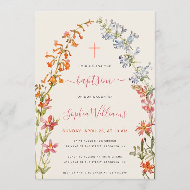Wildflowers Girl Baptism Floral Watercolor  Inbjudningar (Framsida)