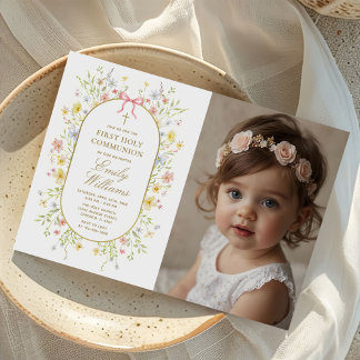 Wildflowers Gold Cross First Communion Photo Inbjudningar