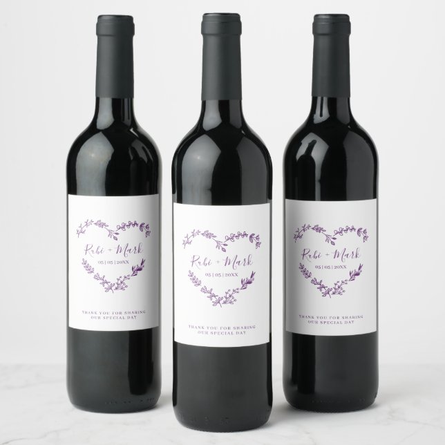 Wildflowers Heart in Purple for Wedding Vinflaska Etikett (Flaskor)