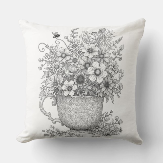 Wildflowers & Honey Bee Ink Sketch Throw Pillow Kudde (Framsida)