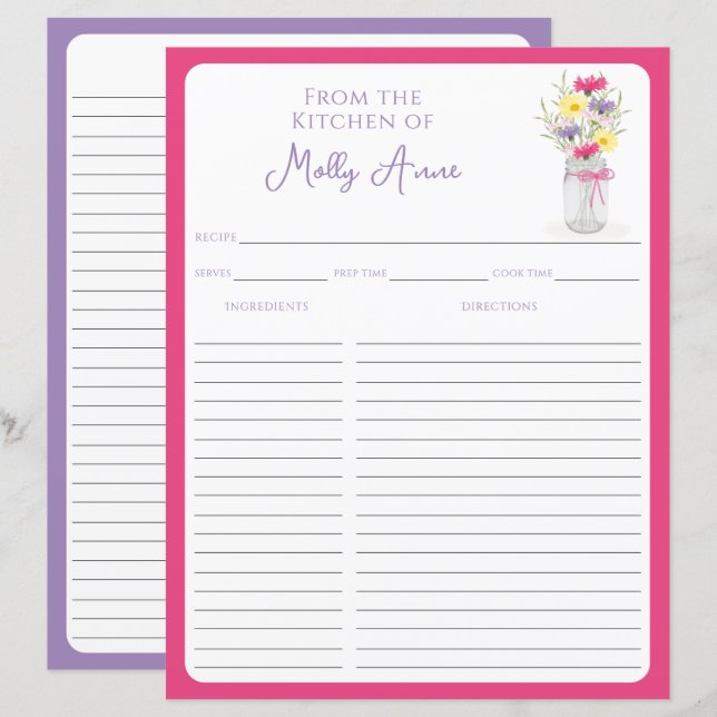Wildflowers Mason Jar Pink & Purple Recipe Sheets (Fram/baksida)