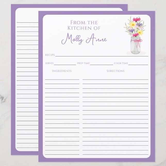 Wildflowers Mason Jar Purple Country Recipe Sheets (Fram/baksida)