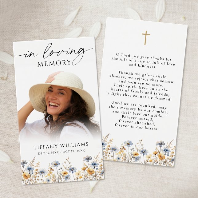 Wildflowers Photo Loving Memory Cross Prayer Card Visitkort (Skapare uppladdad)