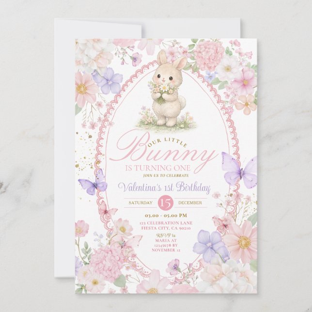 Wildflowers Pink Bunny First Birthday Invitation  Inbjudningar (Framsida)