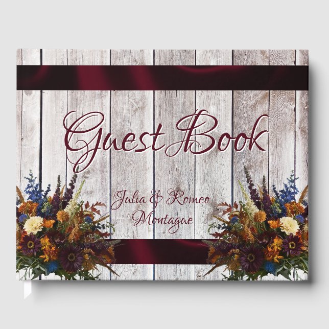 Wildflowers, Ribbon & Heart Wedding - Burgundy Gästböcker (Framsida)