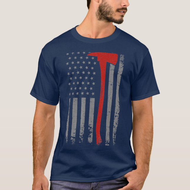 Wildland Firefighter Axe American Flag Thin Red T Shirt (Framsida)