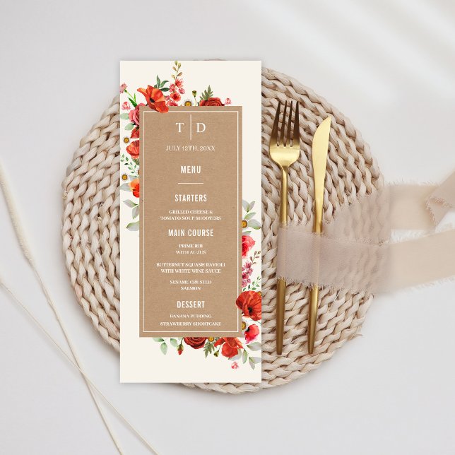 Wildlblompoppies Cardstock Bröllop Meny (Skapare uppladdad)