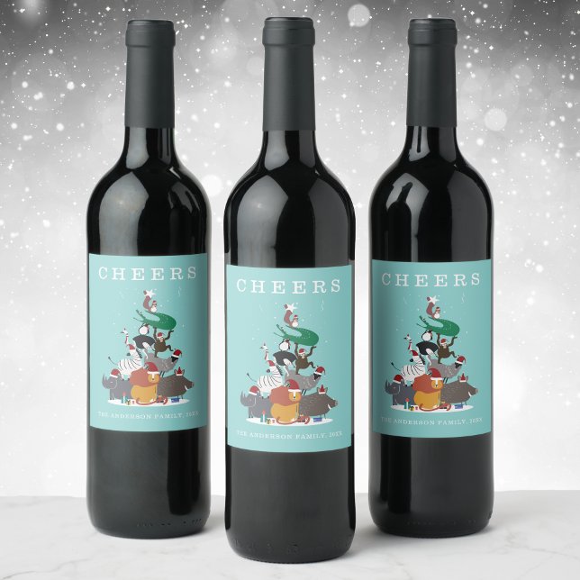 Wildlife Animals Julgran Helgdag Vinflaska Etikett (Wildlife Animals Christmas Tree Holiday Wine Label)