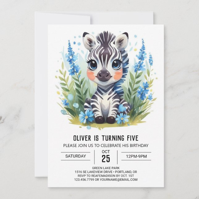 Wildlife Äventyr Online Zebra Boy Birthday Inbjudningar (Framsida)