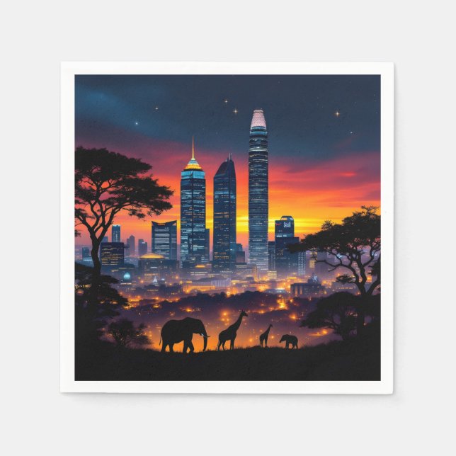 Wildlife City Skyline Sunset Napkins Pappersservett (Framsidan)