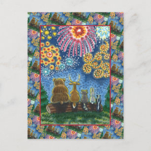 WILDLIFE DJUR 4 JULY FIREWORKS, CUTE FUNNY HELG VYKORT