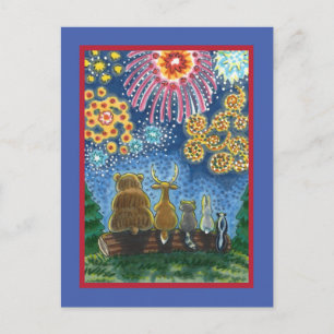 WILDLIFE DJUR 4 JULY FIREWORKS, CUTE FUNNY HELG VYKORT
