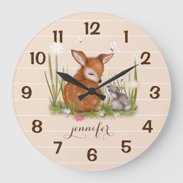 Wildlife Fawn Bunny Butterfly Nature Wall Clock Stor Klocka (Framsida)