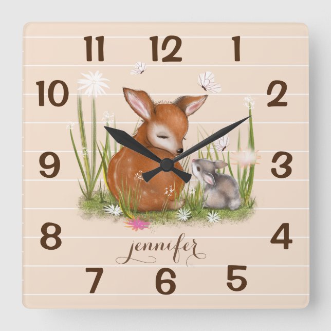 Wildlife Fawn Bunny Butterfly Wall Clock Fyrkantig Klocka (Framsida)