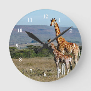 Wildlife Giraffe Mor och Baby Photo Rund Klocka