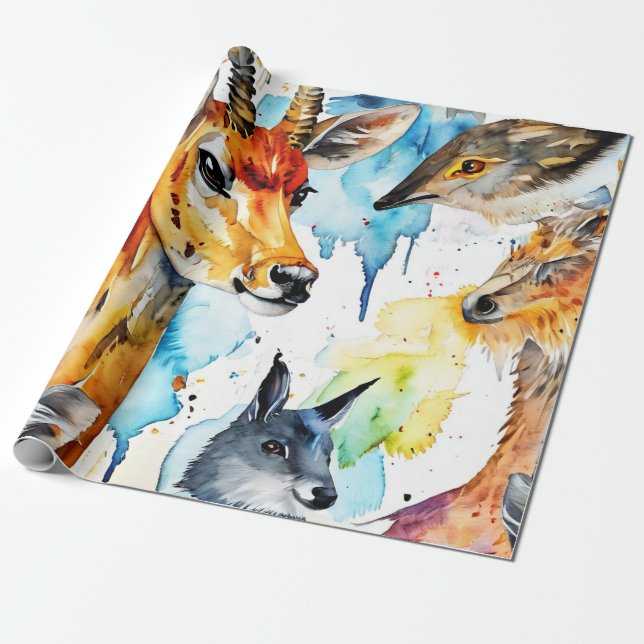 Wildlife Harmony Watercolor Collage Presentpapper (Utrullad)