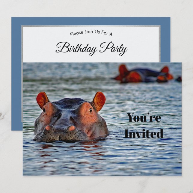 Wildlife Hippo Vatten Photo Birthday Inbjudningar (Fram/baksida)