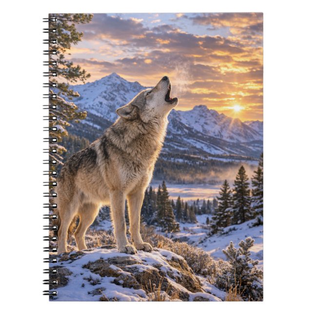 Wildlife Howling Gray Wolf Mountain Sunset Scene Anteckningsbok (Framsidan)