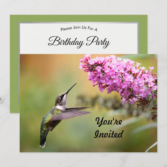 Wildlife Hummingbird Blommigt Photo Birthday Inbjudningar (Fram/baksida)